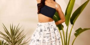 Blue & white printed ruffle skirt with strap crop top