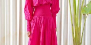 Hot Pink Smocked Waist Full Sleeves Maxi Dress