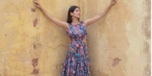 One side waist cut-out purple paisley cotton printed dress