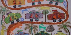 Cars on a Wavy Road Acrylic Painting