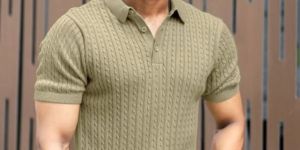 RIBBED KNIT LIGHT GREEN POLO T-SHIRT