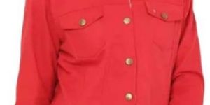 Red Solid Woolen Denim Jacket for Women