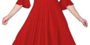 Solid Bell Sleeve Rayon Full Length Gown-Red