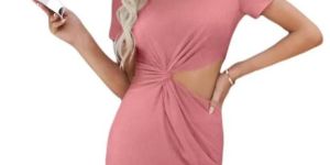 Solid Short Sleeve Party Wear Polyester Mini Bodycon Dress-Pink