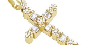 10k Yellow Gold Round & Baguette Diamond Cross Pendant