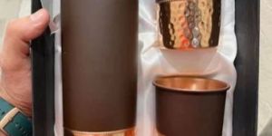 Half Coloured Half Hammered Copper Water Bottle with Glass Set