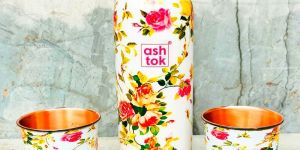Floral Printed Copper Water Bottle with Glass Set