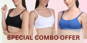 Padded Kuki Sports Bra Thin Strap in Combo Pack of 3 Colour (White, Blue, Black)