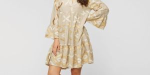 Tiendaa Ukrainian-Style Handcrafted Designer Cream Short Dress