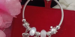Ladies Silver White Stone Charms Bracelet