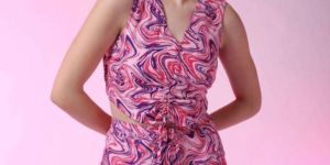 Women Marble Print V-Neck Ruched Top