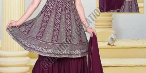 Ladies Embroidered Purple Georgette Sharara Suit