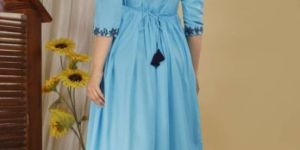 Shree gulab sky Women's Rayon Embroidered Round Neck 3/4 Sleeves Solid Gown Kurti Pack of 1