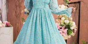 Girls Firozi Color Georgette Printed Midi Dress