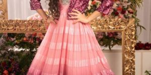 Girls Pink Georgette Gown with Sequence Work Jacket