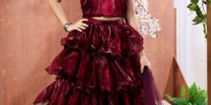 Girls Purple Organza and Satin Lining Lehenga