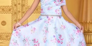 Girls Sky Blue Digital Print Gown