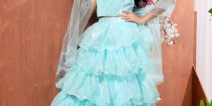 Girls Sky Blue Organza and Satin Lining Lehenga