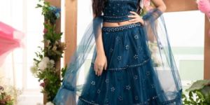 Girls T Blue Color Silver Mirror Work Lehenga
