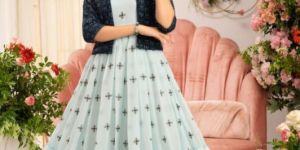 Girls T Blue Georgette Gown with Sequence Work Jacket