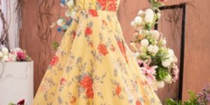 Girls Yellow Color Georgette Printed Midi Dress