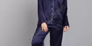 Satin Blue Ladies Full Sleeve Night Suit