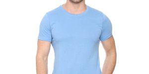 Mens Solid Round Neck Cotton Blend Blue T Shirt