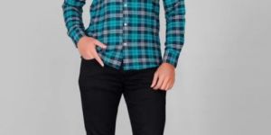 Mens Skyblue Printed Checked Cotton Shirt
