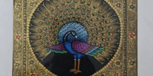 Peacock Miniature Painting on Paper Sheet with Golden Color