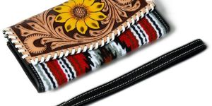 Sunflower Hand Tooling Wallet with Hair