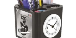 Analog Black Promotional Pen Stand with Clock