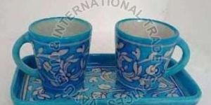 Blue Pottery Tea Cup with Tray