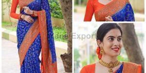 222 Blue & Orange Litchi Silk Sarees