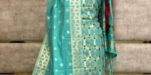 Ladies Aqua Green Handloom Pure Banarasi Suit