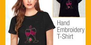 Wine Glass Hand Embroidered T-shirt