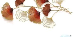 Quirky Orange Ginkgo And Wired Leaves Branch Metal Wall Art