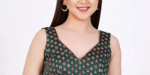 Dark Green Raw Silk Embroidered Blouse