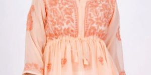 Orange Georgette Chikankari Short Kurti