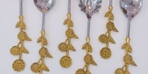 Serving Spoon Set of 6 Pcs Brass Handle and Stainless Steel