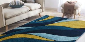 Amazing Yellow Navy Blue Soft Pile Tufted Shaggy Area Rug