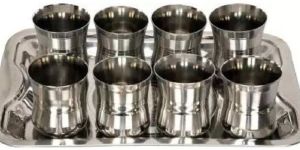 9 Pcs Stainless Steel Tray & Glass Set