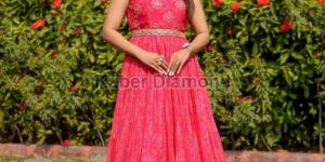 Ladies Dark Pink Flared Printed Gown