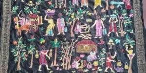 Multicolor Santiniketan Kantha Work Silk Stole Dupatta