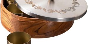 Wood Masala Box with Metal Lid and Jar