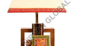 Handcrafted Tribal Motifs White Shade Wood Table Lamp