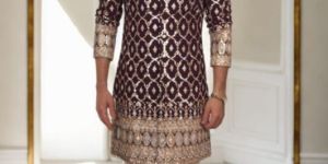 Dark Wine Sherwani with Multi-Color Embellishments for Rental