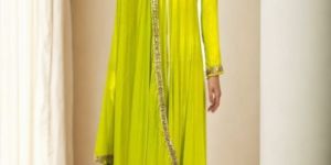 Green Georgette Anarkali with Silver Lace for Rental