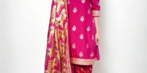 Hot Pink Suit with Golden Lace Setting for Rental