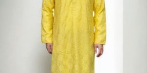 Lemon Yellow Standing Collar Kurta with Piping for Rental