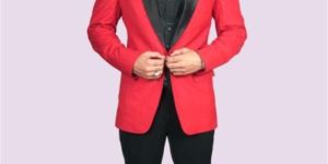 Ravishing Red Suit Red Coat with Black Satin Lapel Collar and Black Pant for Rental